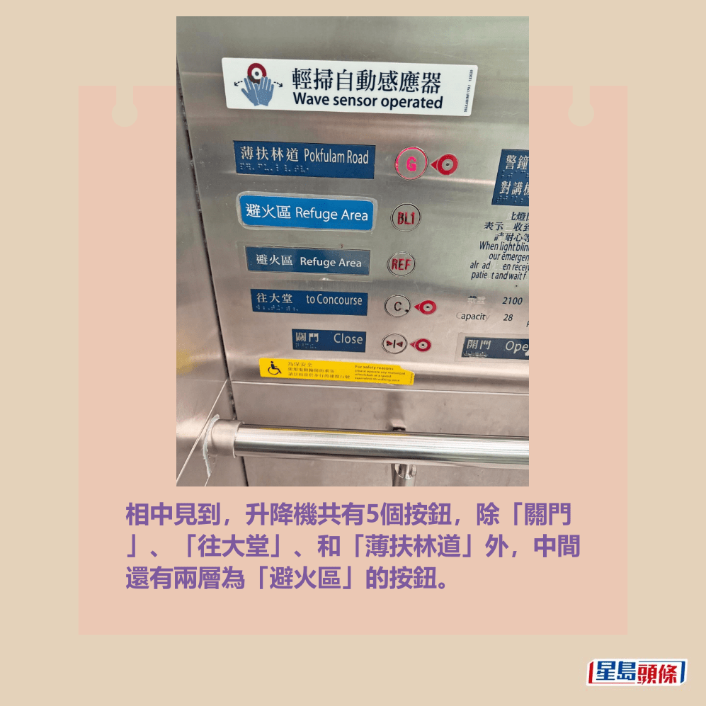 相中見到,升降機共有5個按鈕,除「關門 」、「往大堂」、和「薄扶林道」外,中間 還有兩層為「避火區」的按鈕。Threads截圖 相中見到,升降機共有5個按鈕,除「關門 」、「往大堂」、和「薄扶林道」外,中間 還有兩層為「避火區」的按鈕。Threads截圖