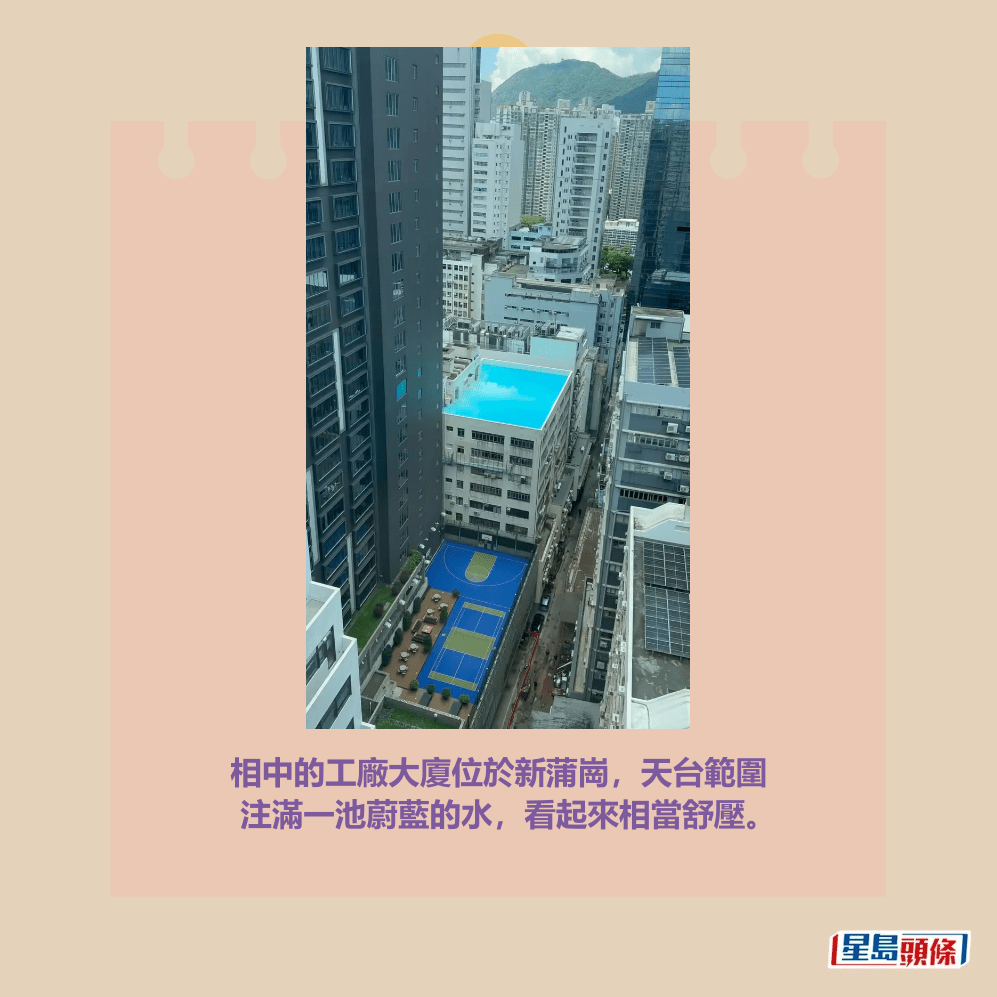 相中的工廠大廈位於新蒲崗,天台範圍 注滿一池蔚藍的水,看起來相當舒壓。Threads截圖 相中的工廠大廈位於新蒲崗,天台範圍 注滿一池蔚藍的水,看起來相當舒壓。Threads截圖
