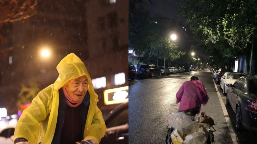 91歲老翁雪夜裡仍堅持出外拾荒。