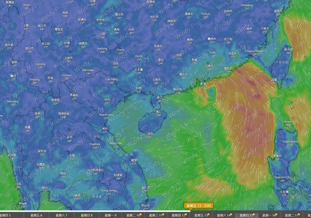 歐洲中期天氣預報中心(ECMWF)預測,有熱帶氣旋預計下周四至五(12至13日)在本港附近登陸。圖為6月13日凌晨0時的預測位置。 歐洲中期天氣預報中心(ECMWF)預測,有熱帶氣旋預計下周四至五(12至13日)在本港附近登陸。圖為6月13日凌晨0時的預測位置。