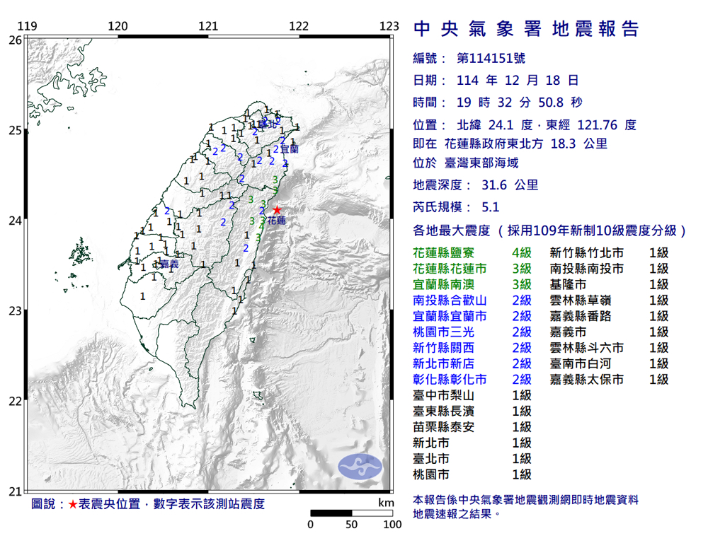 花蓮東部海域5.1級地震  全台16縣市有感
