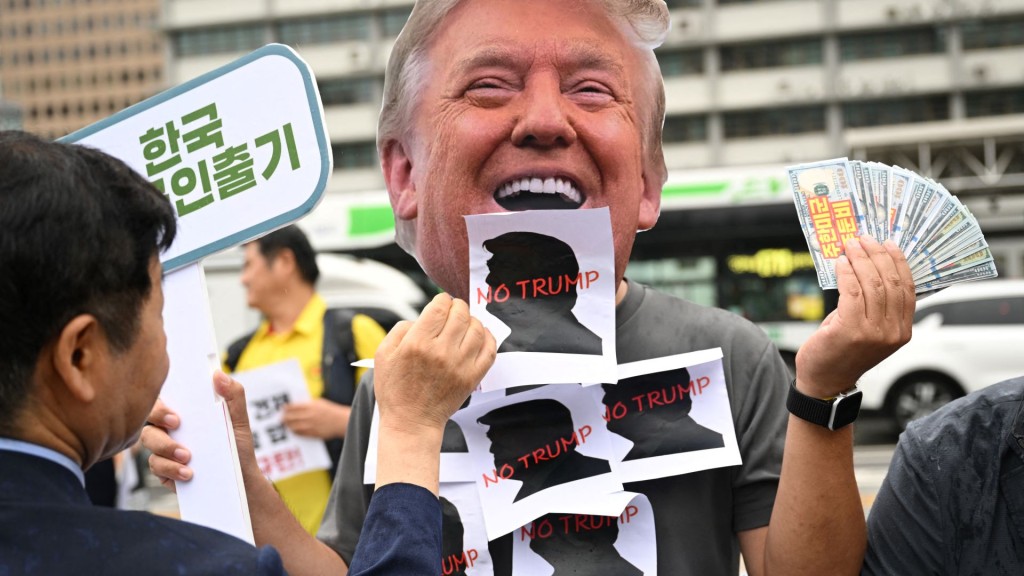 南韓關稅|南韓民眾在首爾美國大使館附近抗議特朗普及關稅。 法新社