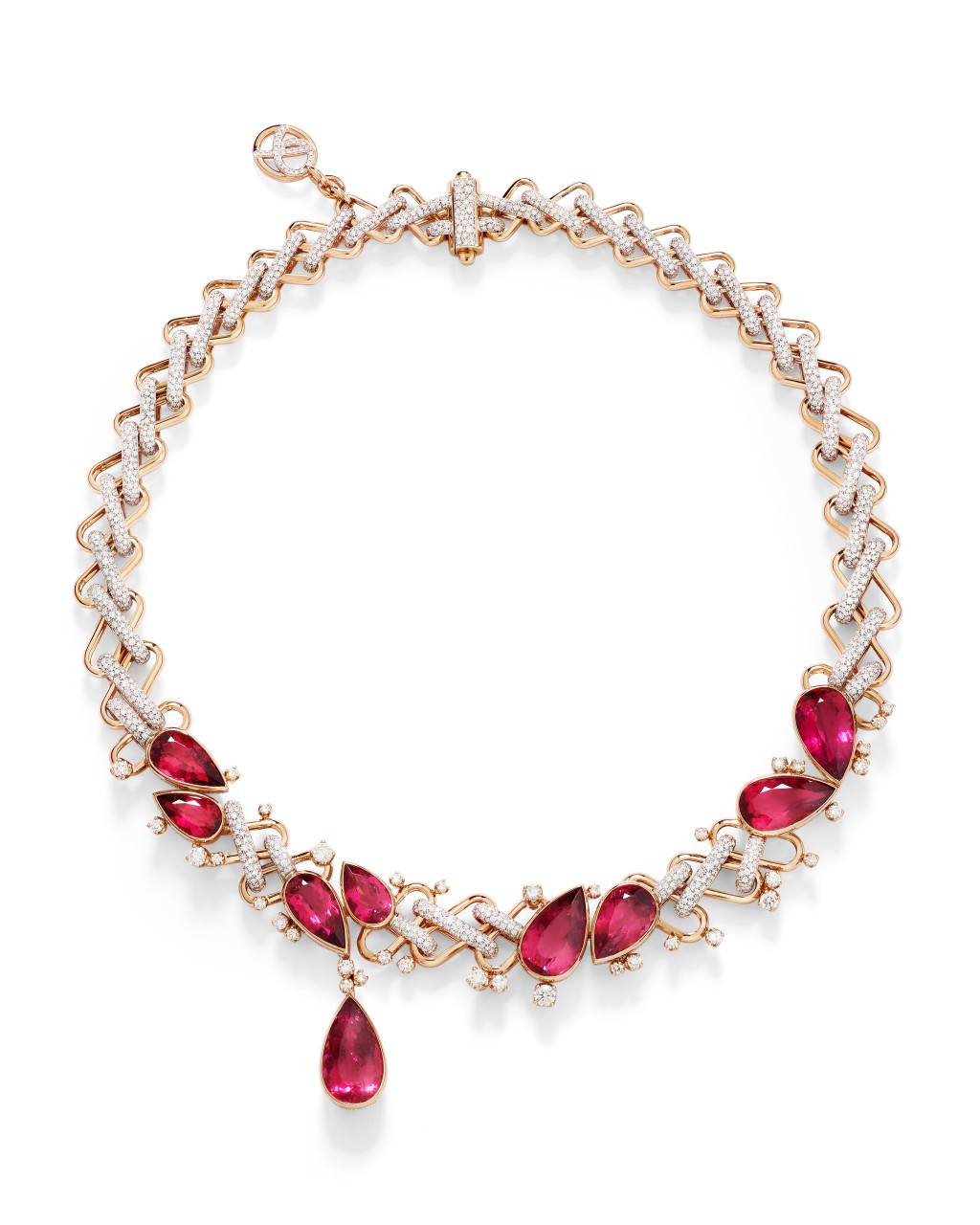 Rivière Zigzag項 鏈以鋪鑲白鑽的玫 瑰金鋸齒形鏈條襯托總重50.85卡的紅碧璽。 Rivière Zigzag項 鏈以鋪鑲白鑽的玫 瑰金鋸齒形鏈條襯托總重50.85卡的紅碧璽。