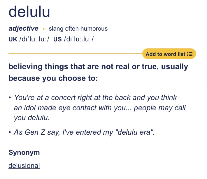 Delulu源自delusional(妄想的)。 Delulu源自delusional(妄想的)。
