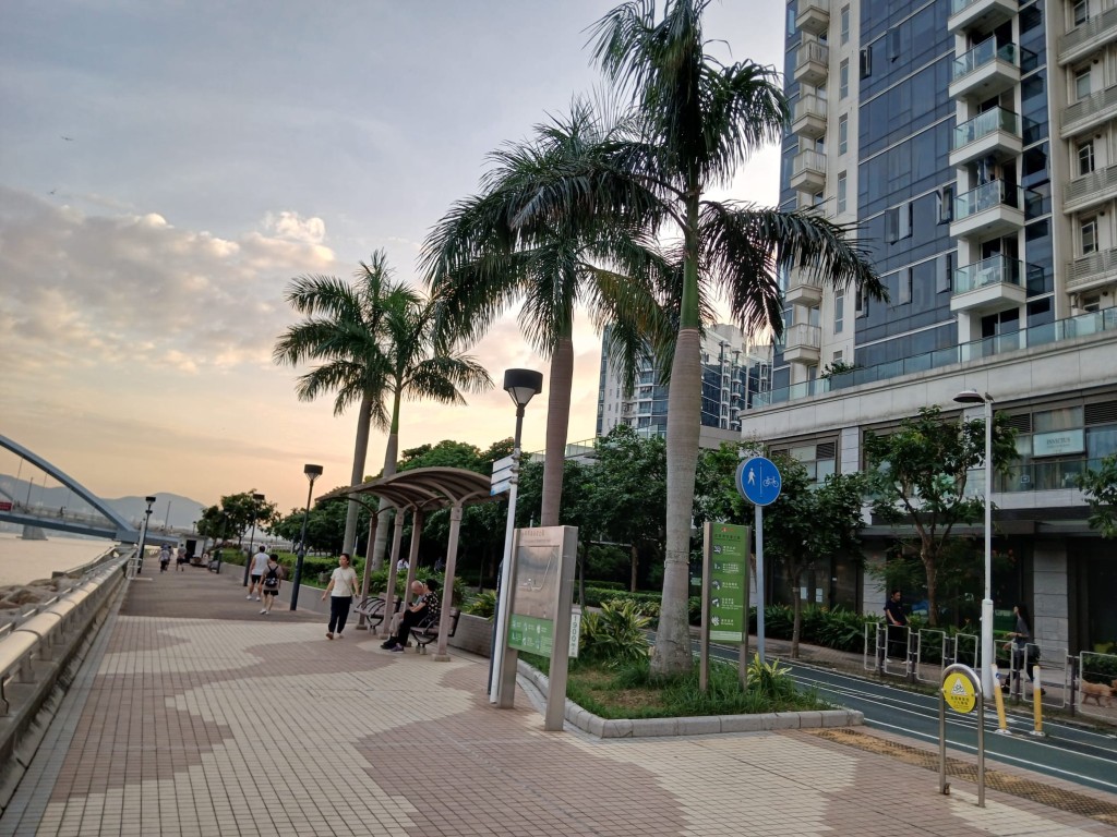 沿海濱長廊而建的海景豪宅，居民也都提升 防風戰力，不少單位早已貼上交叉形或米字 形的膠紙防風。