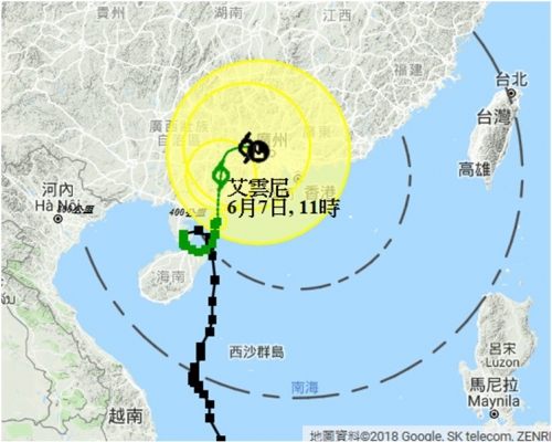 艾雲尼集結在香港之西南偏西約330公里。圖:天文台