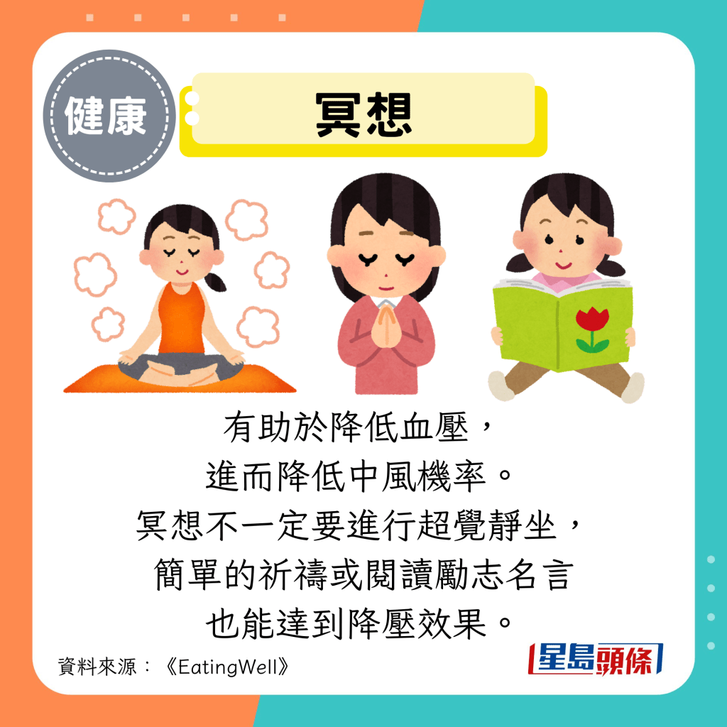 冥想:有助於降低血壓, 進而降低中風機率。 冥想不一定要進行超覺靜坐, 簡單的祈禱或閱讀勵志名言 也能達到降壓效果。 冥想:有助於降低血壓, 進而降低中風機率。 冥想不一定要進行超覺靜坐, 簡單的祈禱或閱讀勵志名言 也能達到降壓效果。