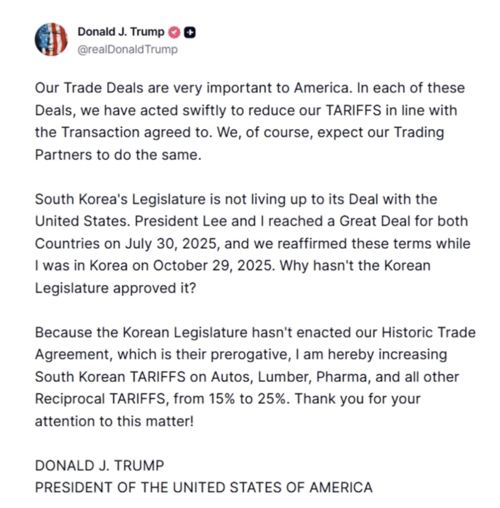 特朗普在帖文中解釋，加徵關稅的原因，是南韓立法機構未有履行早前與美國達成的相關協議，令華府「別無選擇，只能採取行動」。