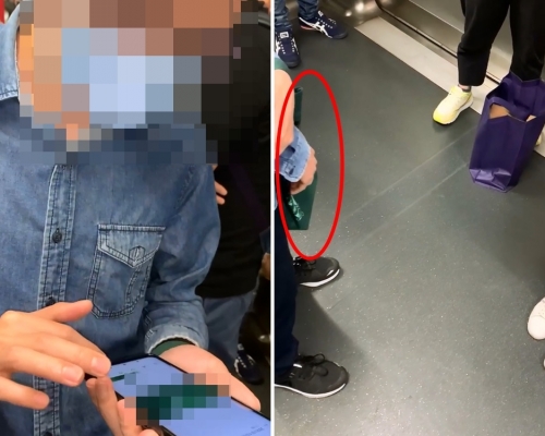 一名男網民日前在港鐵列車發現有人偷拍(紅圈),截住並要求對方刪片。香港突發事故報料區facebook群組影片截圖