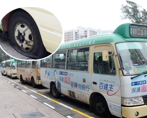 小巴輪胎被發現懷疑遭利器刺破(小圖)。