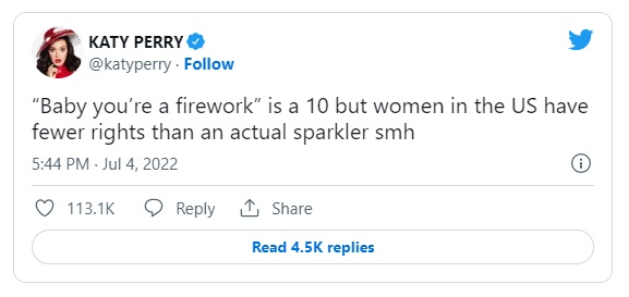 Katy以自己的歌曲《Firework》，表達美國女性的權利比煙花還少。