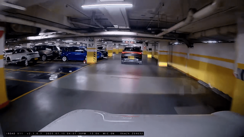 車輛離開閘口後行駛,小童繼續探頭出車外。 車輛離開閘口後行駛,小童繼續探頭出車外。