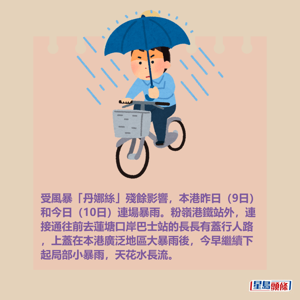 受風暴「丹娜絲」殘餘影響,本港昨日(9日) 和今日(10日)連場暴雨。粉嶺港鐵站外,連 接通往前去蓮塘口岸巴士站的長長有蓋行人路 ,上蓋在本港廣泛地區大暴雨後,今早繼續下 起局部小暴雨,天花水長流。Threads截圖 受風暴「丹娜絲」殘餘影響,本港昨日(9日) 和今日(10日)連場暴雨。粉嶺港鐵站外,連 接通往前去蓮塘口岸巴士站的長長有蓋行人路 ,上蓋在本港廣泛地區大暴雨後,今早繼續下 起局部小暴雨,天花水長流。Threads截圖