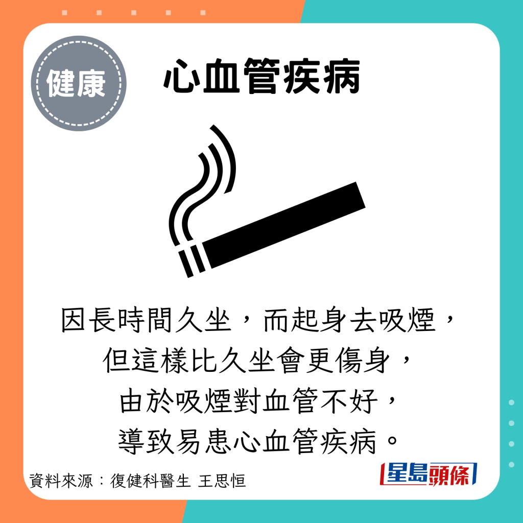 心血管疾病：因長時間久坐，而起身去吸煙， 但這樣比久坐會更傷身， 由於吸煙對血管不好， 導致易患心血管疾病。