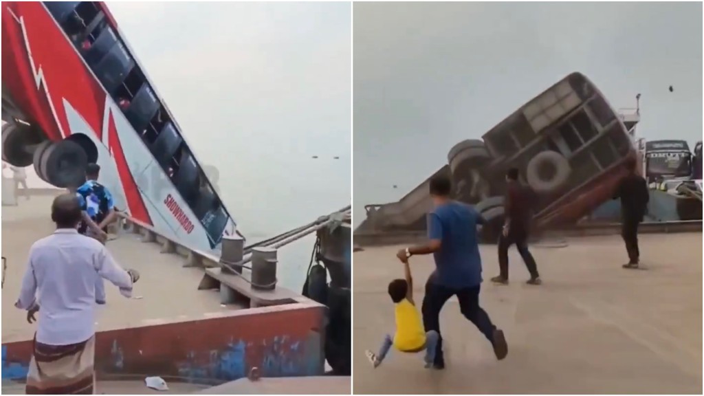 孟加拉一輛巴士失控衝出渡輪沉沒。 X@Internatiospl