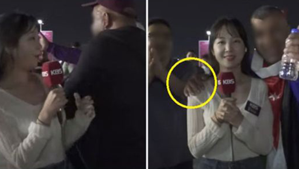 南韓特派記者直播期間遭壯男包圍搭肩猛撞。