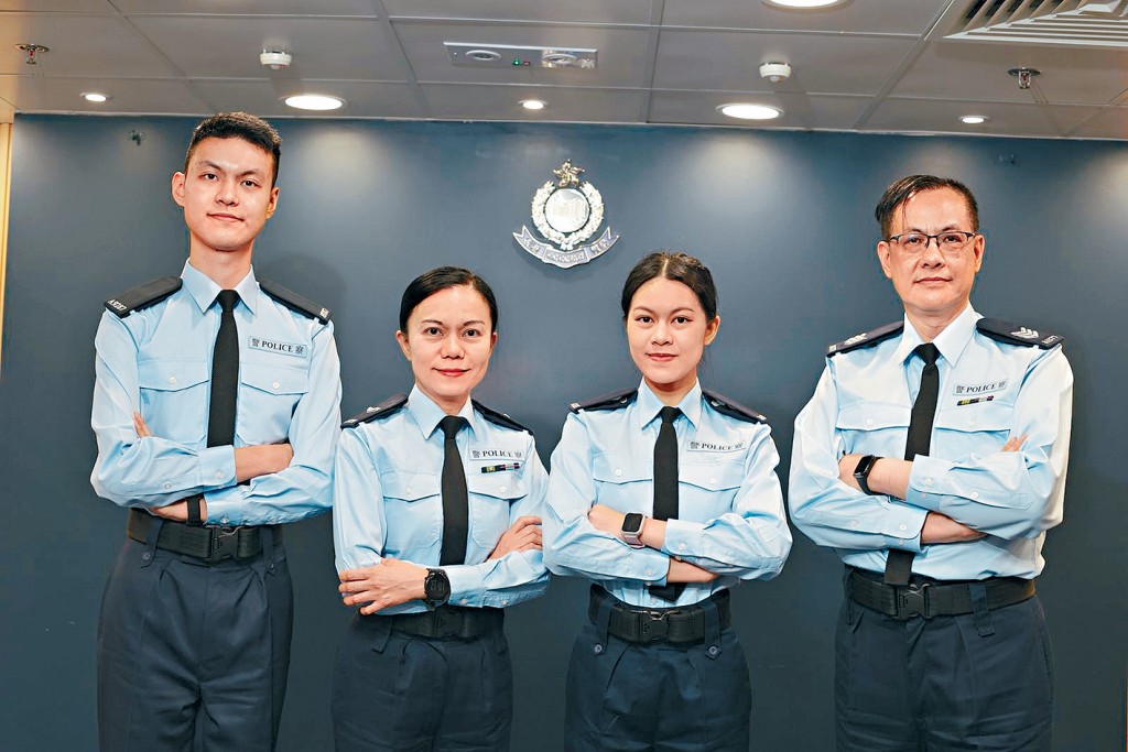 周永雄（右一）與張婉儀（左二）因輔警結緣，婚後將服務社會的熱誠傳給子女周沛銳（左一）和周栩芊（右二），兩人先後加入輔警，一家四口成為罕見的「輔警家庭」。