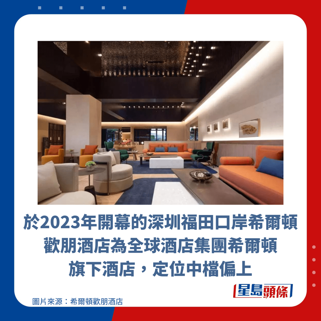 于2023年开幕的深圳福田口岸希尔顿欢朋酒店为全球酒店集团希尔顿旗下酒店，定位中档偏上