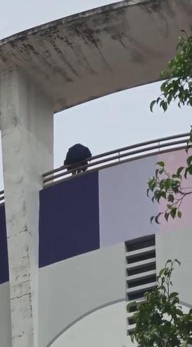 女生危坐商場天台欄杆。網上片段截圖
