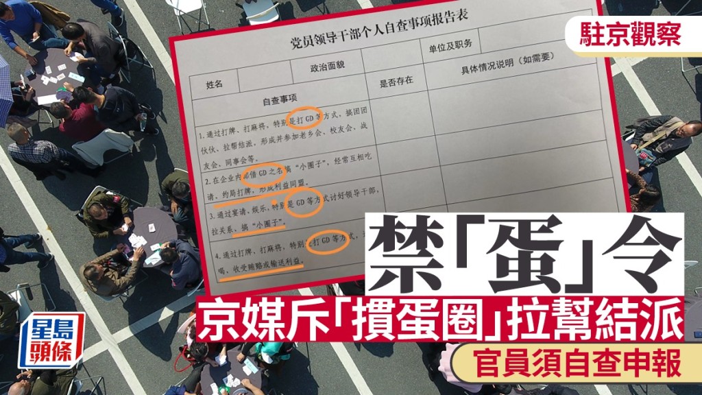 京媒斥「摜蛋圈」拉幫結派，要求官員須自查申報。（中新社／微博）