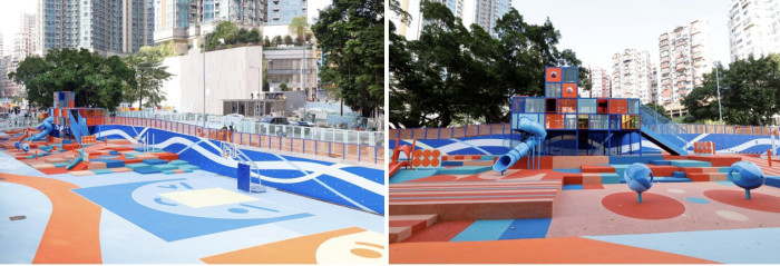戶外「自由空間」的兒童遊樂設施及三人籃球場，已率先在今日開放，給市民一家大小享用，與民同樂。韋志成網誌