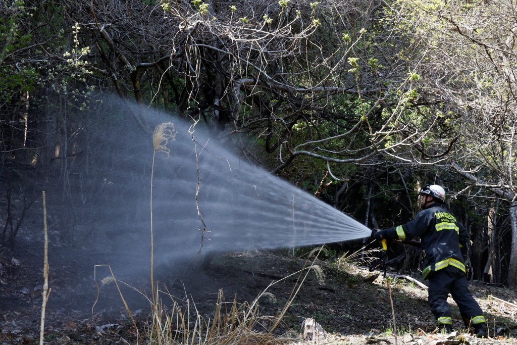 日本北部岩手县山林大火已连续焚烧多天，消防员努力扑救。 路透社