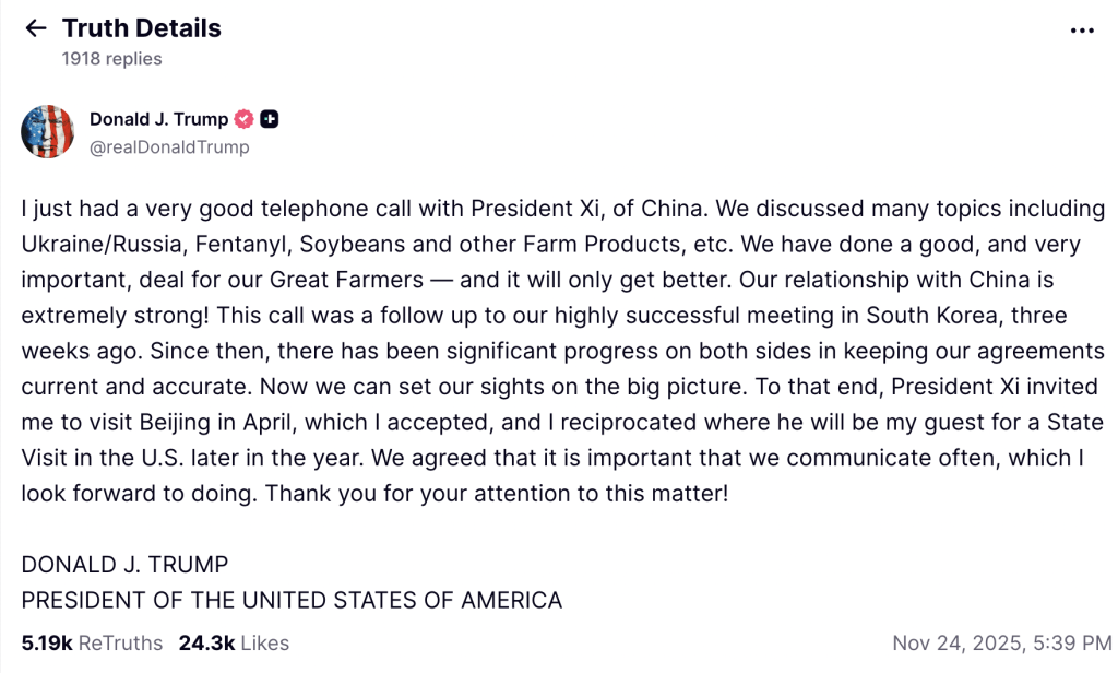 特朗普在当地周一(24日)与习近平通电话后数小时,在社交平台透露上述消息。 特朗普在当地周一(24日)与习近平通电话后数小时,在社交平台透露上述消息。