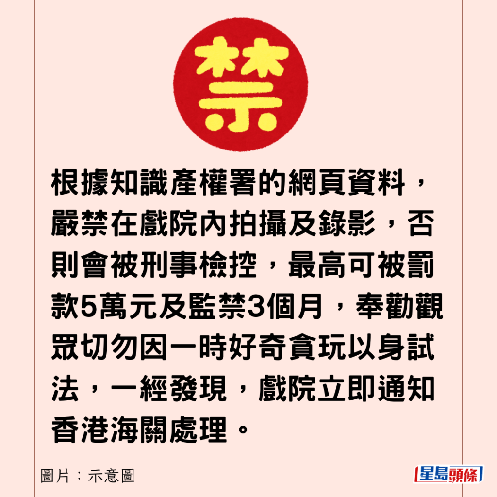 根據知識產權署的網頁資料，嚴禁在戲院內拍攝及錄影，否則會被刑事檢控，最高可被罰款5萬元及監禁3個月，奉勸觀眾切勿因一時好奇貪玩以身試法，一經發現，戲院立即通知香港海關處理。