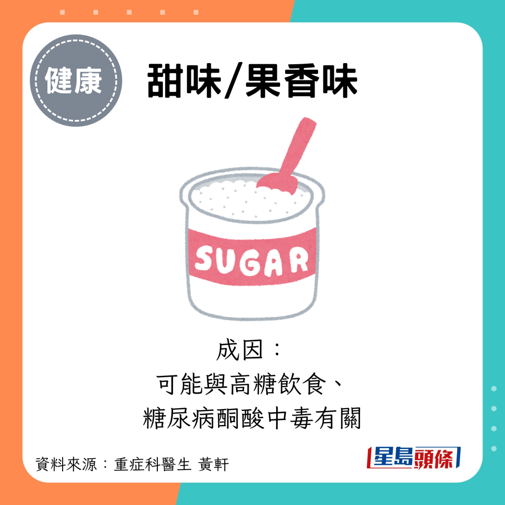 甜味/果香味：成因： 可能与高糖饮食、 糖尿病酮酸中毒有关