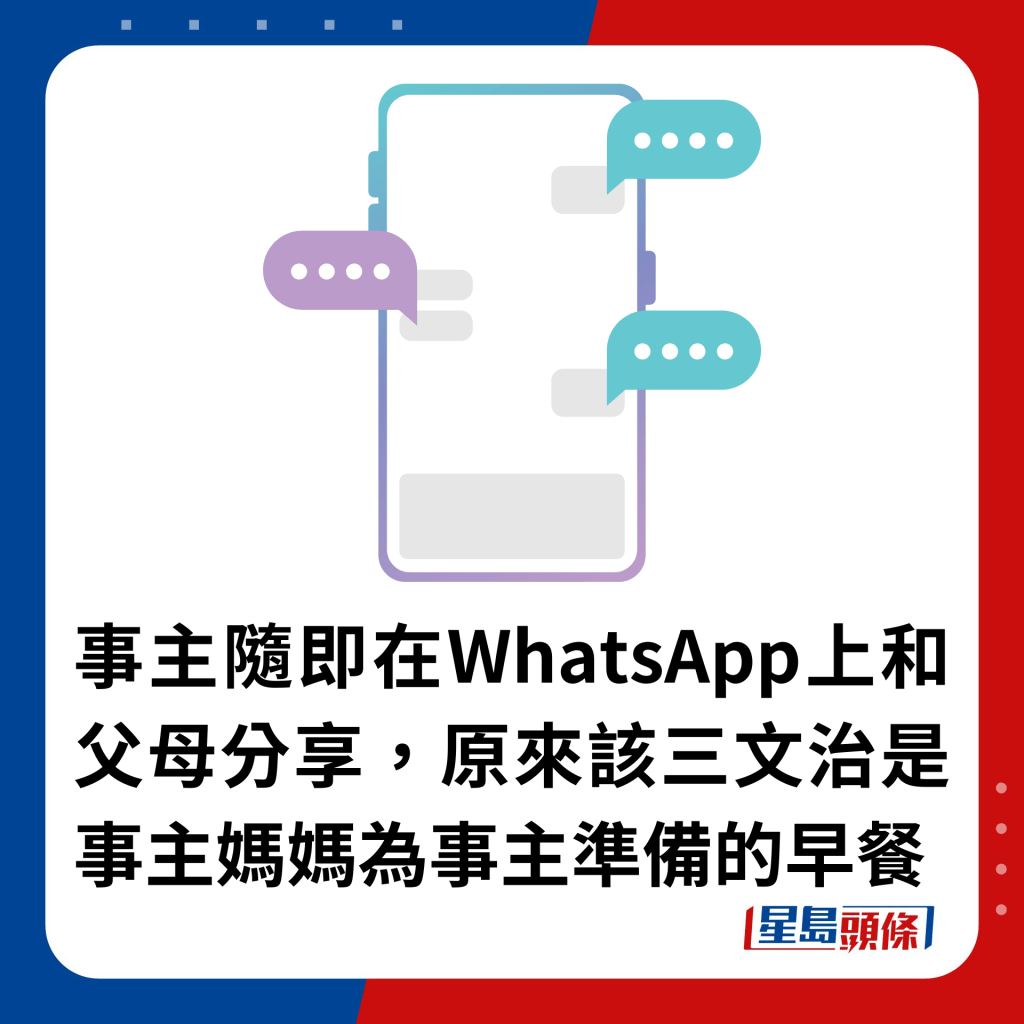 事主隨即在WhatsApp上和父母分享，原來該三文治是事主媽媽為事主準備的早餐