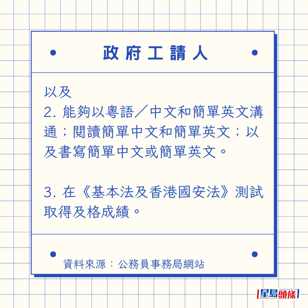 以及 2. 能夠以粵語／中文和簡單英文溝通；閱讀簡單中文和簡單英文；以及書寫簡單中文或簡單英文。  3. 在《基本法及香港國安法》測試取得及格成績。