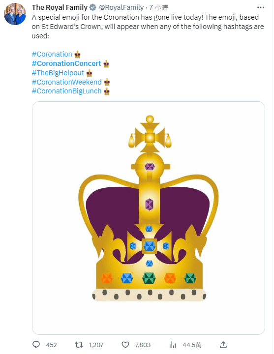 英國皇室推出根據查理斯將在加冕典禮佩戴王冠所設計的推特（Twitter）表情符號。網圖