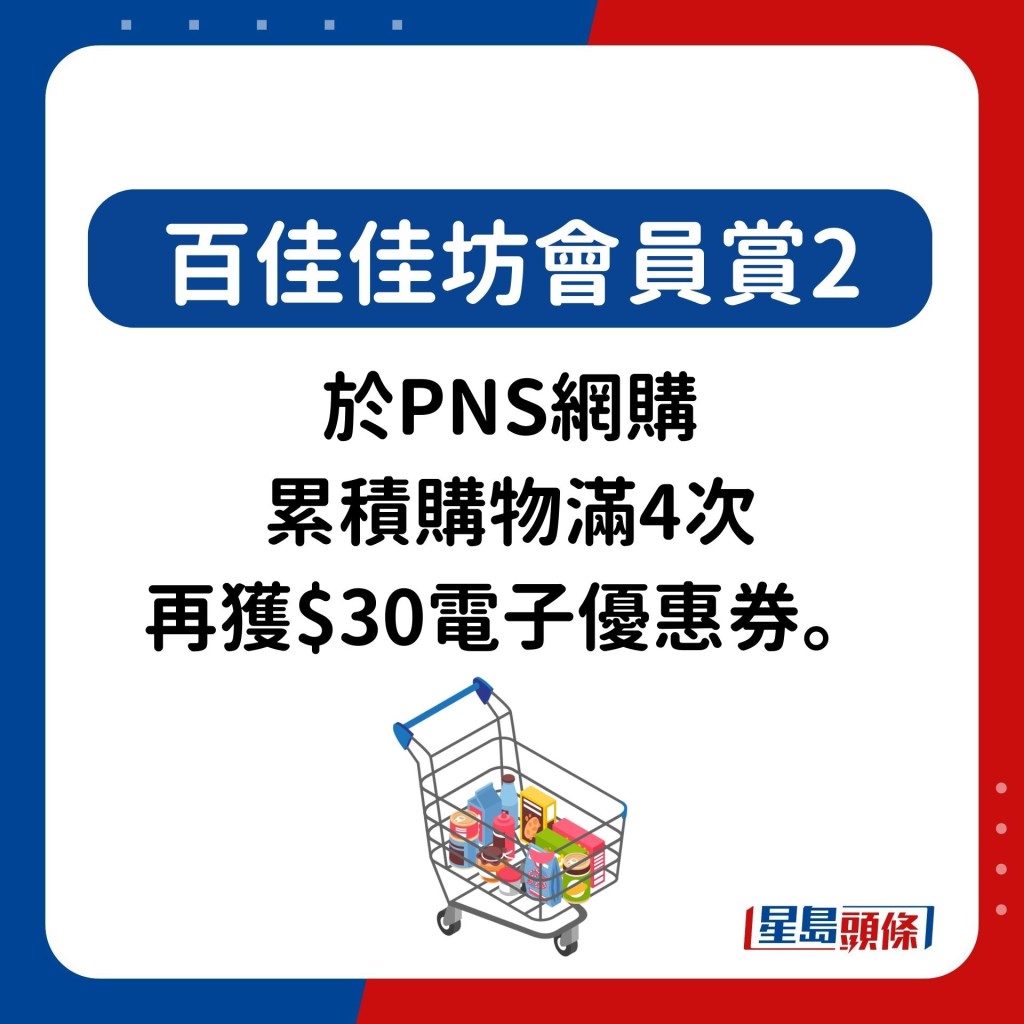于PNS网购累积购物满4次，再获$30电子优惠券。