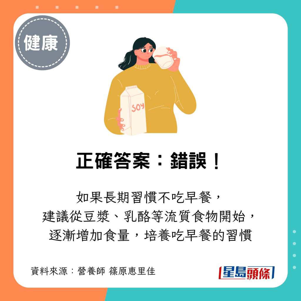 如果長期習慣不吃早餐， 建議從豆漿、乳酪等流質食物開始， 逐漸增加食量，培養吃早餐的習慣