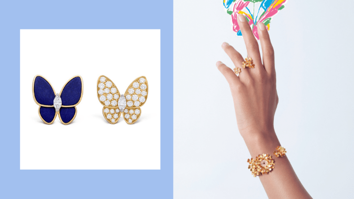 左/Two Butterfly系列18K黃金及白金鑲鑽石及青金石耳環/$172,000。右/以花朵為主題的Frivole系列，同樣是春季熱推作品項目。上/18K黃金鑲鑽石指間戒/$80,500；下/18K黃金鑲鑽石神秘腕表/$361,000，只要把花朵表蓋扭合，即可隱藏表面。