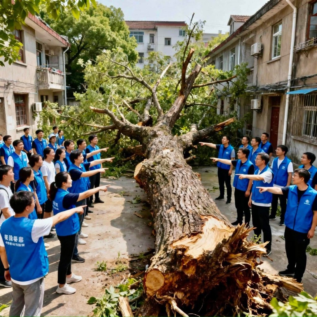 有AI改圖顯示20多名關愛隊成員指住一棵塌樹。網傳AI改圖