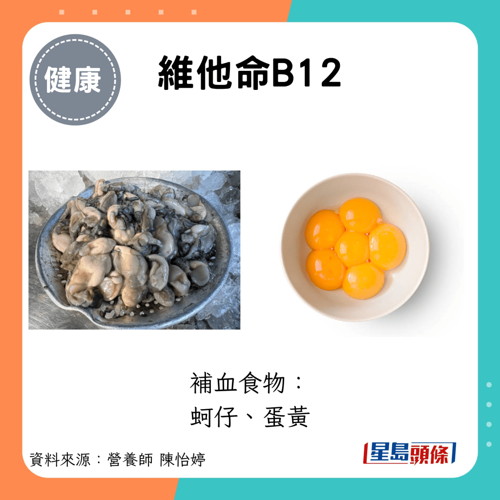 维他命B12：补血食物： 蚵仔、蛋黄