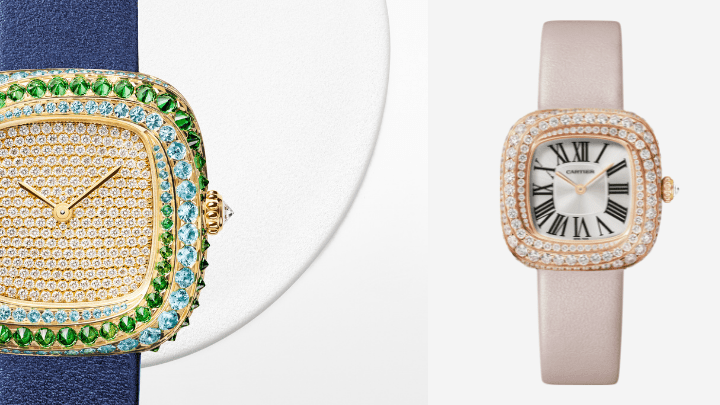 左/ Coussin de Cartier腕表，搭載石英機芯，鍍18K黃金表殼、表盤及表扣，鑲嵌279顆圓形明亮式切割鑽石（1.35卡）丶56顆沙弗萊石和120顆藍色碧璽，表冠鑲嵌一顆圓形明亮式切割鑽石（0.13卡），配藍色小牛皮表帶，限量30枚。右/Coussin de Cartier腕表，搭載石英機芯，18K玫瑰金表殼、表殼鑲嵌176顆圓形明亮式切割鑽石（3.97卡），表冠鑲嵌一顆圓形明亮式切割鑽石（0.13卡），配米色小牛皮表帶。