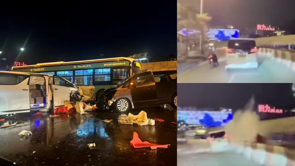 車Cam｜三地牌七人車澳門超速入彎失控 撼穿水馬再撞兩車釀4傷