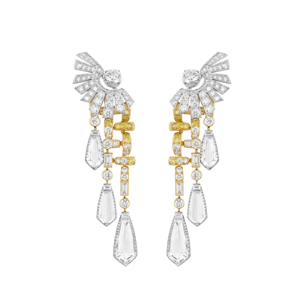 Tweed Cambon 黃金及白金鑽石耳環，鑲嵌黃鑽及白水晶。