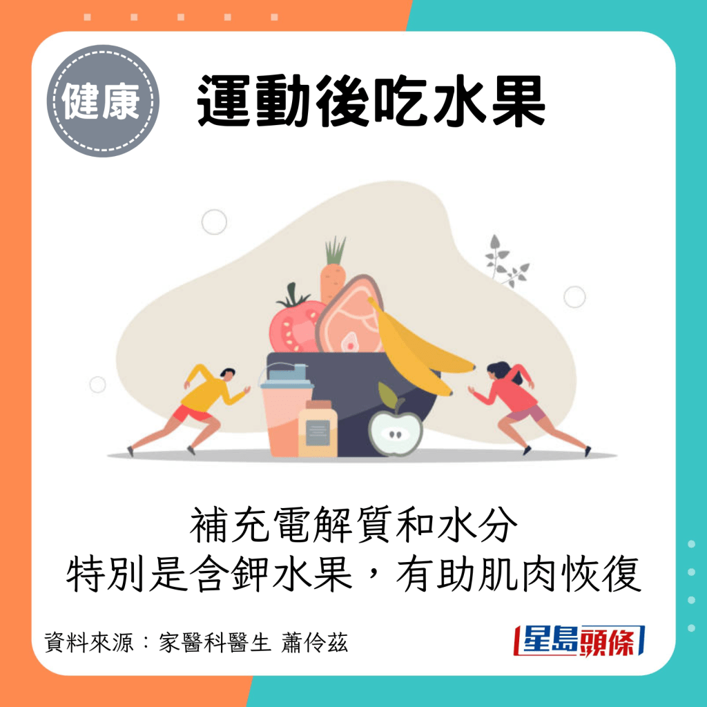 运动后吃水果：可以帮助补充失去的电解质和水分，特别是香蕉等含钾水果，可以帮助肌肉恢复。