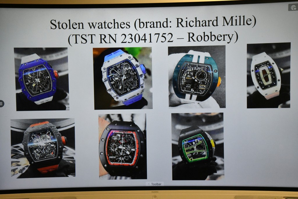 警方展示損失的7隻Richard Mille名錶圖片。徐裕民攝