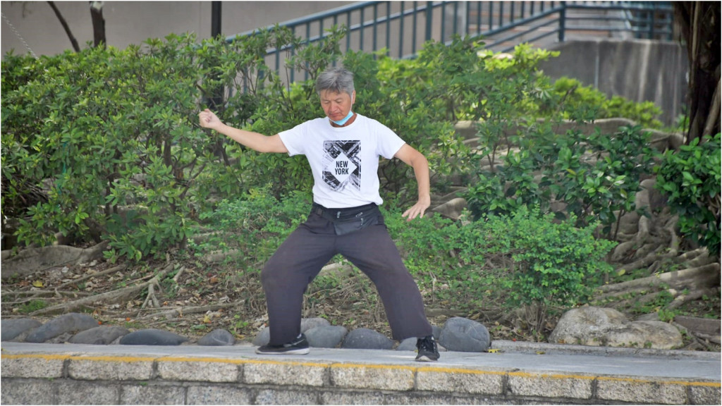鍾先生在公園打武當玄武拳。