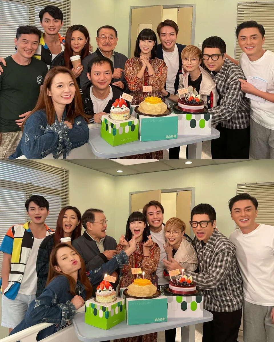 《爱回家》一班演员为古佩玲庆祝生日，陈浚霆靠得最贴近。