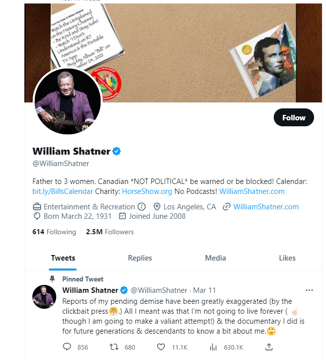 William Shatner的Twitter。Twitter