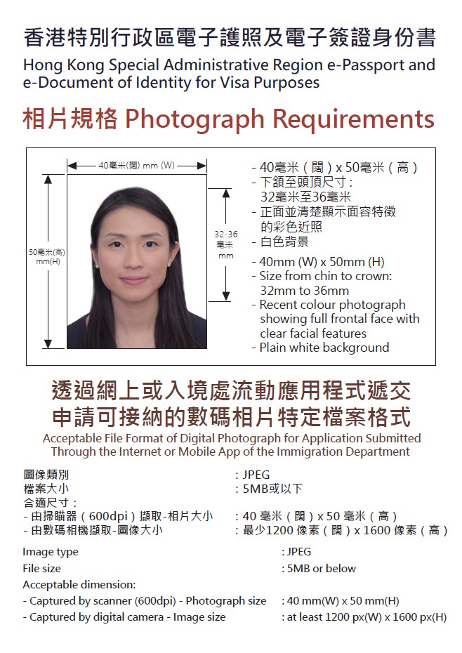 香港特别行政区旅行证件的相片规格。入境处网页