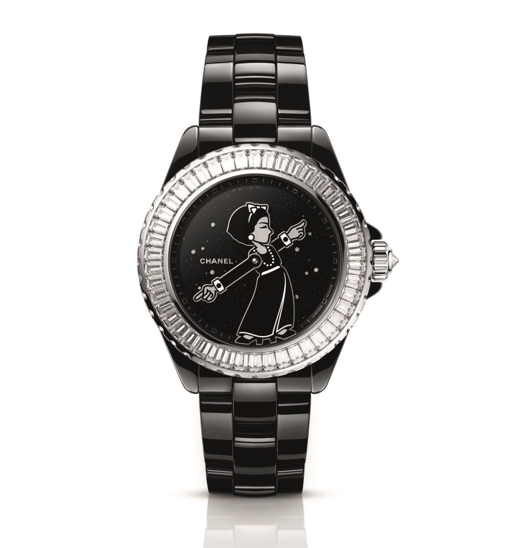 Chanel Mademoiselle J12 Comic。表殼：38mm白金及陶瓷；鑽石：57顆（5.64卡）；機芯：Caliber 12.1自動；售價：$1,126,000（限量55枚）。