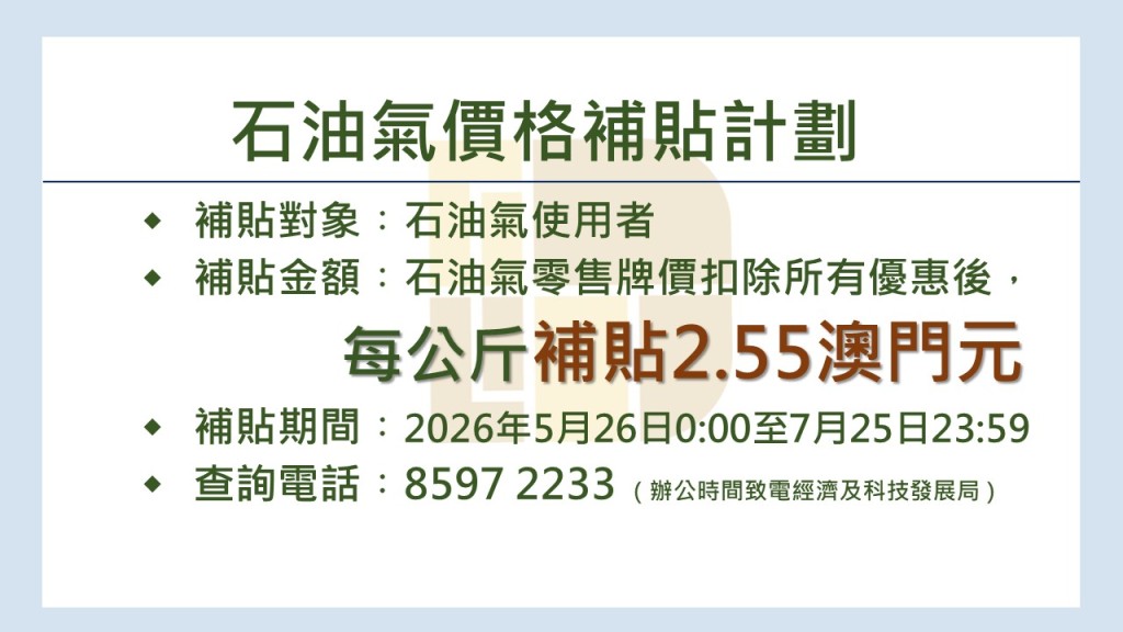 澳門推出為期兩個月的石油氣及汽油補貼。澳門特別行政區政府新聞局圖片 澳門推出為期兩個月的石油氣及汽油補貼。澳門特別行政區政府新聞局圖片
