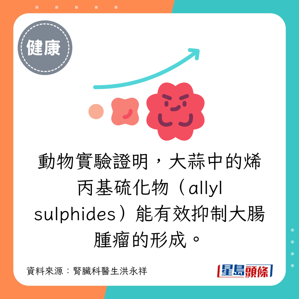 動物實驗證明，大蒜中的烯丙基硫化物（allyl sulphides）能有效抑制大腸腫瘤的形成。