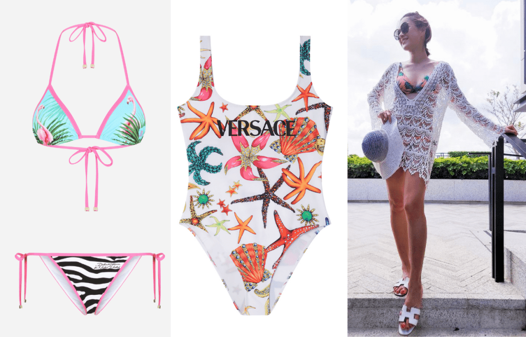 左至右/Dolce&Gabbana x Khaled Khaled系列火烈鳥拼棕櫚樹及斑馬圖案比堅尼泳衣/$4,100/DolceGabbana、Trésor de la Mer圖案一件式泳衣/$4,200/Versace、本地女星陳茵媺以印花比堅尼泳衣，配搭白色通花Tunic、太陽眼鏡、闊邊帽及平底涼鞋，造型優雅又女性化/圖片源自陳茵媺Instagram。